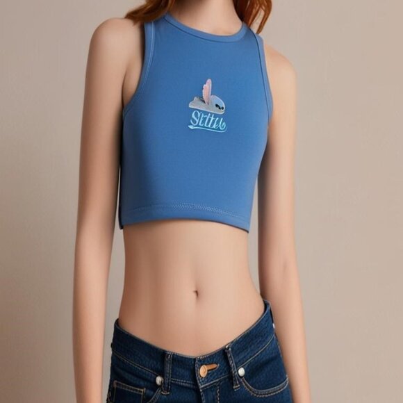 Disney's Lilo & Stitch Blue Embroidered Stitch Graphic Tank Crop Top Summer Wear - Picture 11 of 13